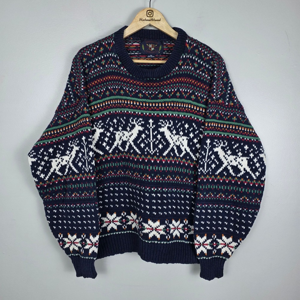 American Portrait Mens XL Navy Fair Isle Reindeer Nordic Knit Sweater Made USA